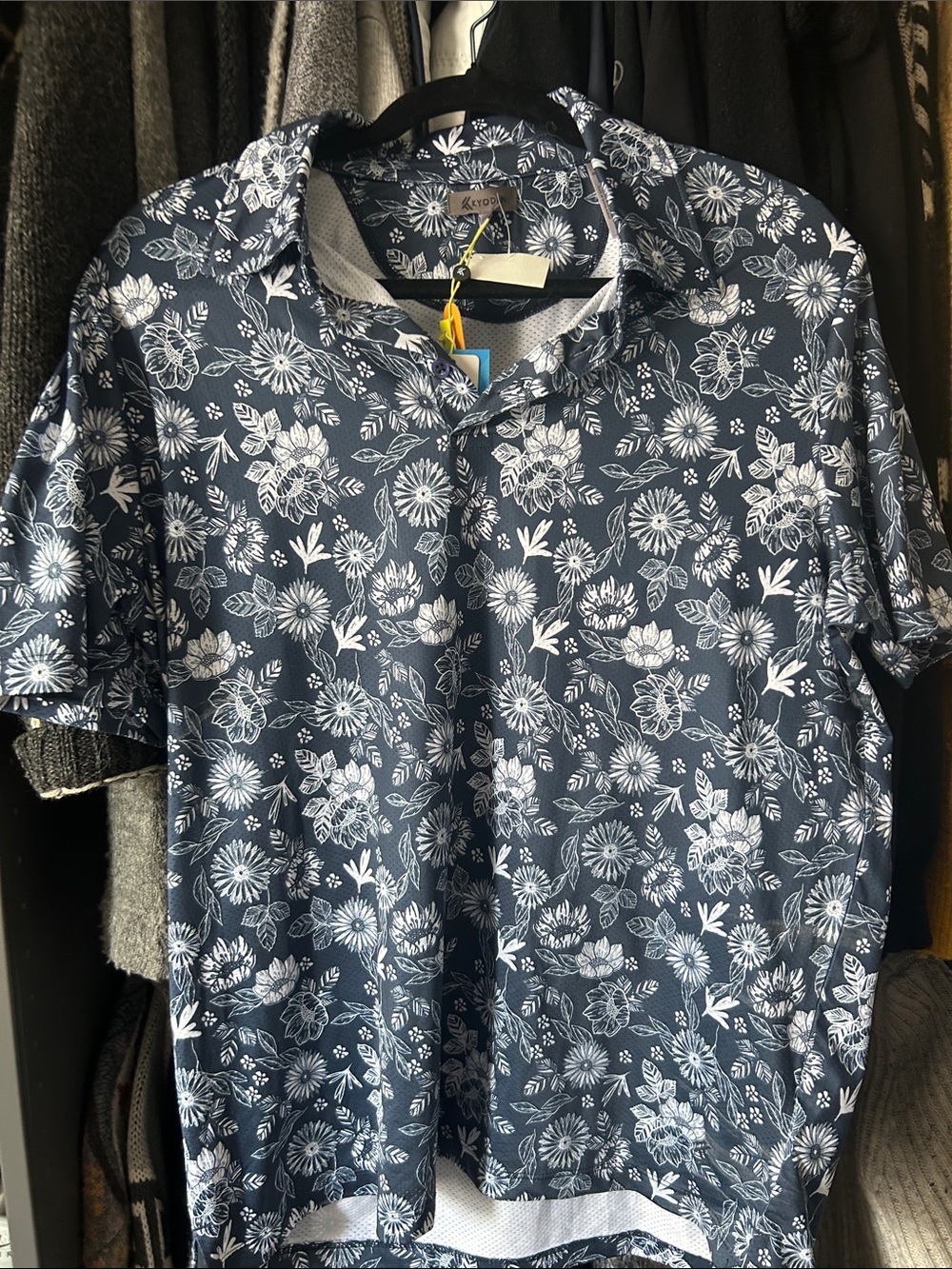 Kyodan Navy Polo with White Floral Print